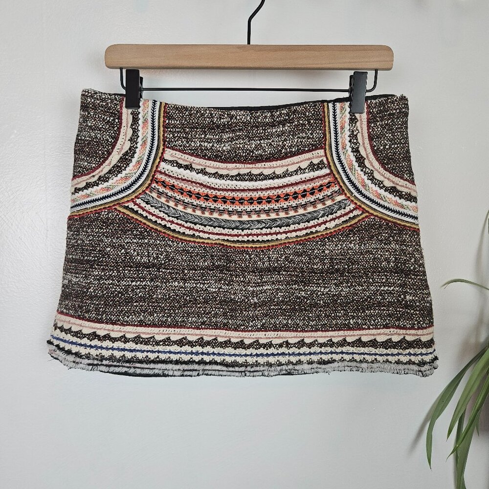 Zara Woman Tweed Woven Boho Mini Skirt Sz L Black Ivory Rust Rose